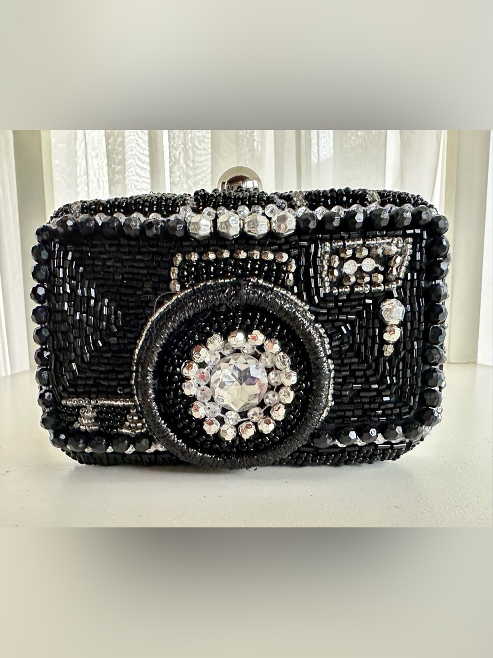 📸 Black Beaded Camera Clutch with Crystal Accents from India to you! NWT